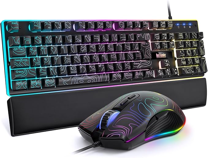 RedThunder K10 Wired Gaming Keyboard &amp Mouse Combo with Wrist Rest Adjustable RGB Mechanical Feel Anti-ghosting Keyboard + 7D 7200 DPI Mouse+Soft Leather Wrist Rest for PC Gamers (Black Lines)