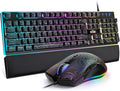 RedThunder K10 Wired Gaming Keyboard &amp Mouse Combo with Wrist Rest Adjustable RGB Mechanical Feel Anti-ghosting Keyboard + 7D 7200 DPI Mouse+Soft Leather Wrist Rest for PC Gamers (Black Lines)