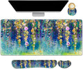 ARTSO Large Gaming Mouse Pad Set Keyboard Wrist Rest Support + Mouse Wrist Cushion + Extended Mousepad + Coaster 35x15.5in Multifunctional Desk Mat 4pcs Oil Painting Flowers