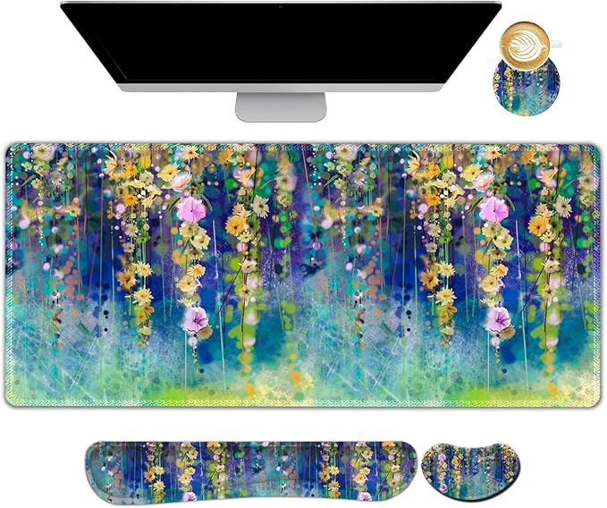 ARTSO Large Gaming Mouse Pad Set Keyboard Wrist Rest Support + Mouse Wrist Cushion + Extended Mousepad + Coaster 35x15.5in Multifunctional Desk Mat 4pcs Oil Painting Flowers