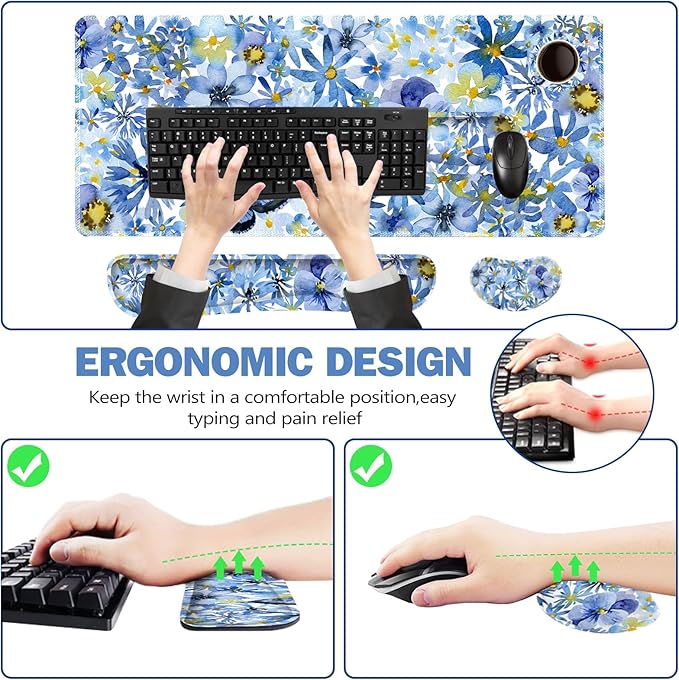 ToLuLu Desk Mat Gaming Mouse Pad Wrist Support 4 in1 Set XXL Large Mouse Pad + Keyboard Wrist Rest + Memory Foam Cushion Mouse Wrist Rest for Pain Relieve + Coaster Computer Butterfly Loves Flower
