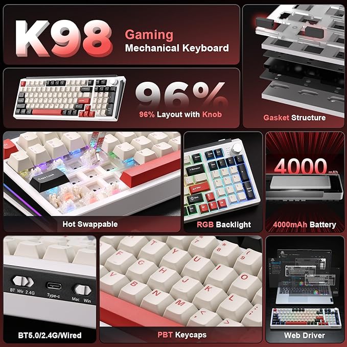K98 Wireless Mechanical KeyboardTri-Mode BT5.0/2.4GHz/USB-C Hot Swappable Custom KeyboardGasket StructureRGB Backlit Gaming Keyboard for Win &amp Mac(White&ampRedMilk-V2 Switch)