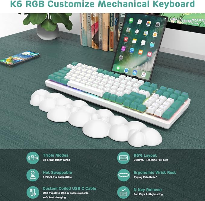 ATTACK SHARK K6 Bluetooth Keyboard 5.0/2.4G/USB-C-96% 100 Keys Wireless Gaming Keyboard 4000mAh Battery Hot Swappable Mechanical Keyboard RGB Wire-Cloud Wrist Rest for Computer Win/Mac(Clicky Blue)