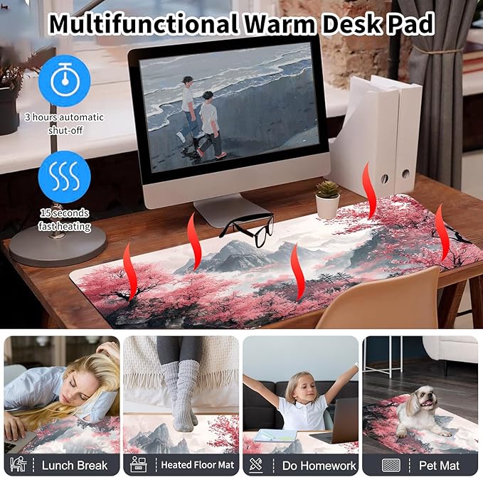 Warm Desk PadHeated Desk PadOffice Mat3 Heating Levels &amp 3 Hours Auto Shut-Off31.5*13 Gaming Mouse Laptop Keyboard Leather Desk MatWatercolor Tree Mountain