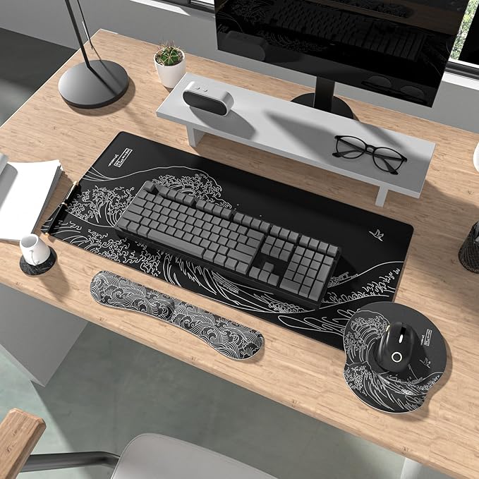 Ovenbird Mouse Pad Set 4-in-1 | Large Gaming Mousepad Keyboard Wrist Rest Mouse Wrist Support Coaster | Ergonomic Office Desk Mat Accessories for Women Men | 4PCS 35.4 x 15.7in Great Wave Black