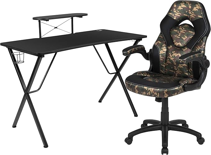 Flash Furniture Black Gaming Desk and Camouflage/Black Racing Chair Set with Cup Holder Headphone Hook and Monitor/Smartphone Stand