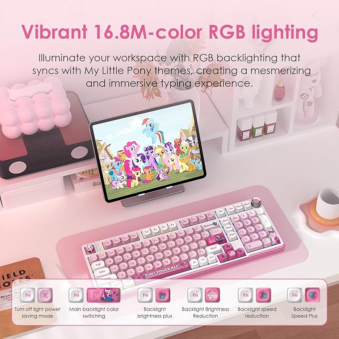 My Little Pony Wireless Mechanical Keyboard - 101 Keys RGB Gaming Keyboard with Custom Linear Switches Hot-Swap &amp Knob Control Triple Connection (BT5.0/USB-C/2.4GHz) Ergonomic for Work &amp Ga