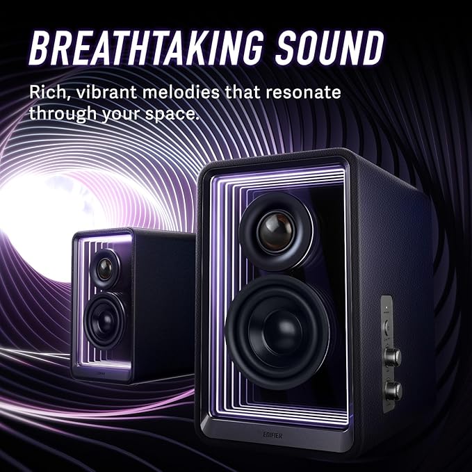 Edifier QR65 Active Monitor Speakers with 65W GaN Fast Charger Function 70W RMS Bluetooth Computer Speaker with Hi-Res 24bit Wireless Audio Subwoofer Out and Light Effects (Black)
