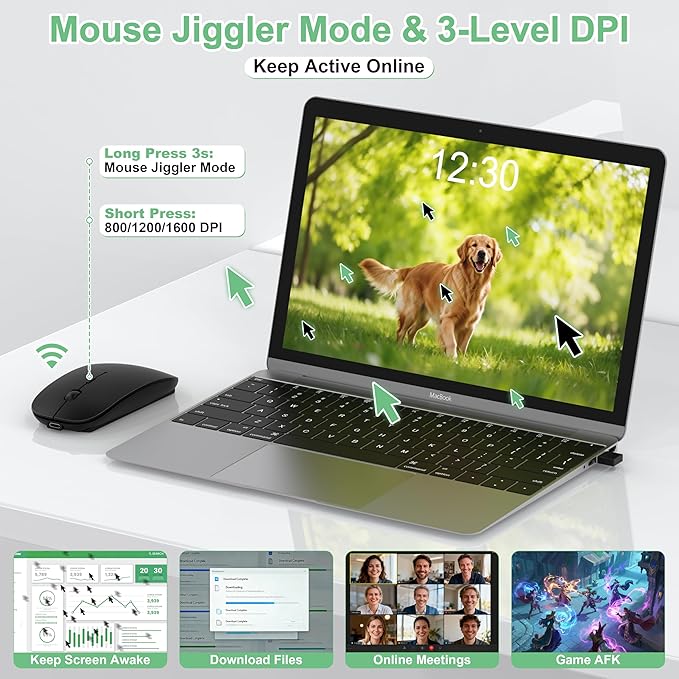Wireless Mouse for Laptop/MacBook Air/Pro &amp iPad Mouse Jiggler Mode Bluetooth 5.2/2.4G Rechargeable Silent Click 3-Level DPI Slim Portable USB-A&ampC Receiver (Mouse Jiggler Mode Black)