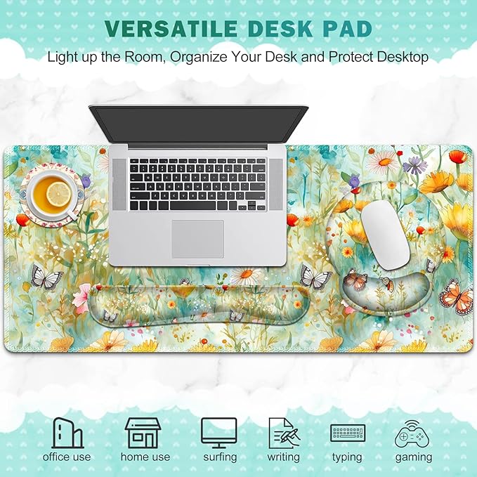 Gaming Mouse Pad Large Desk Mat Cute Desk Pad Protector 4in1 XXL Mousepad + Keyboard Wrist Rest+Mouse Wrist Rest+Coaster Set with Ergonomic Desk Pad for Home Office PC Computer Yellow Flowers