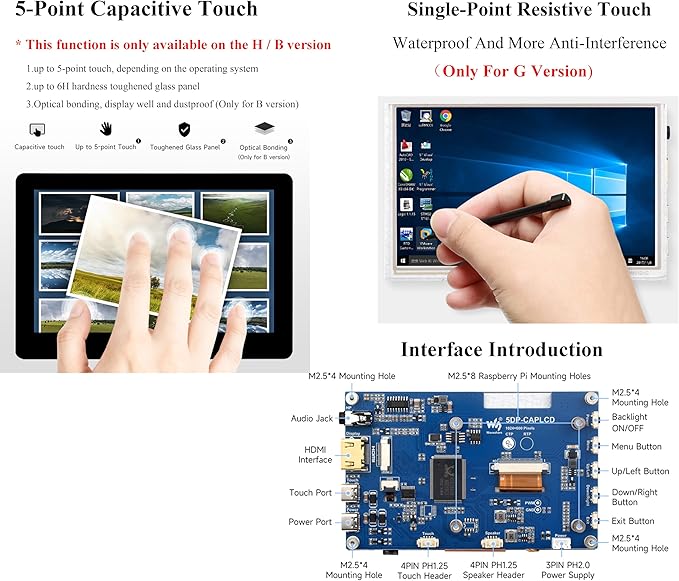 5inch HDMI Touch Screen 1024x600 Capacitive Touch IPS Display Compatible with Raspberry Pi 5/4B/3B+/3B/Zero 2W/Zero W/Zero/Pico/Pico W Win 11/10/8.1/8/7 /Jetson Nano (Wide-Bezel Capacitive Touch)
