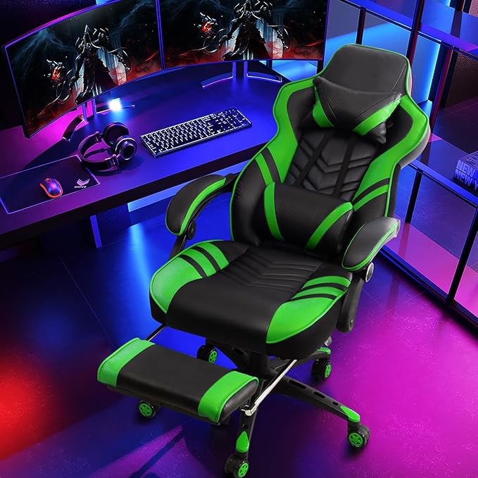 Goplus Gaming Chair Computer Chair with Footrest and Lumbar Support Height Adjustable Executive Swivel Rolling Task Chair with 90°-155° Tilt Function (Green)