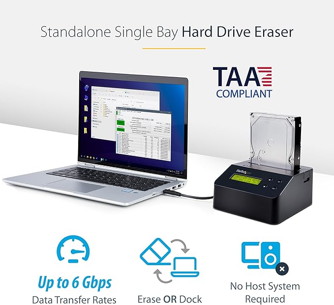 StarTech.com Single Bay Hard Drive Eraser Standalone HDD/SSD Disk Wiper/Sanitizer 4Kn USB 3.0 to SATA III 9 Erase Modes LCD RS232 Printer Port Hardware Erasing Tool TAA Compliant (SDOCK1EU3P2)