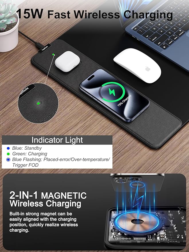 TopMade Mouse Pad with 15W Fast Wireless Charging 35.43x15.75 XXXL Large Gaming Mousepad Waterproof Desk Pad Classic Black Computer Desk Mat(Includes 20W PD Power Adapter &amp 6.56ft Woven Cable