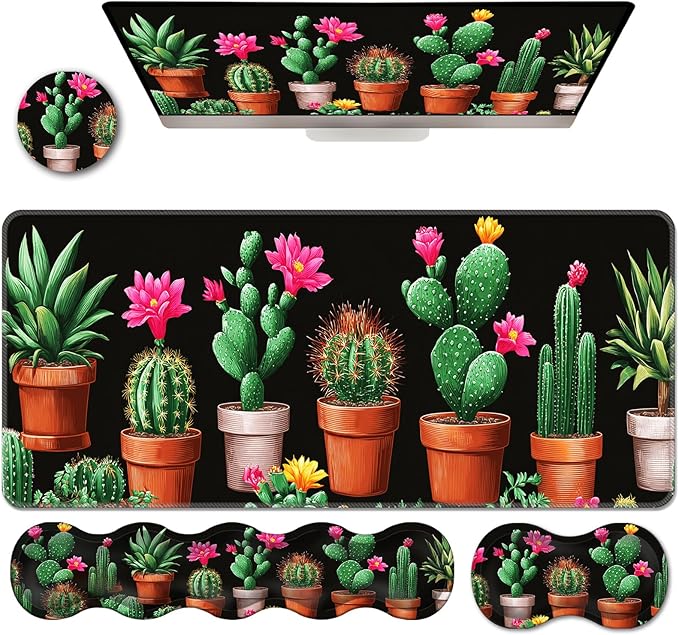 Ergonomic Keyboard Wrist Rest &amp Mouse Pad Wrist Rest SetXL Gaming Desk Mat 31.5x 11.8Non-Slip BaseMemory FoamEasy Typing Pain Relief for Office &amp HomeFloral Cactus