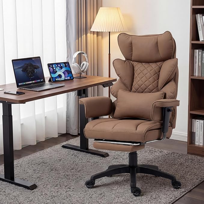 Dowinx Big and Tall Office Chair with Pocket Spring CushionHigh Back Computer Gaming Chairs with Adjustable ArmrestsExecutive Desk Chairs with Lumbar Support and FootrestPU Leather-Brown