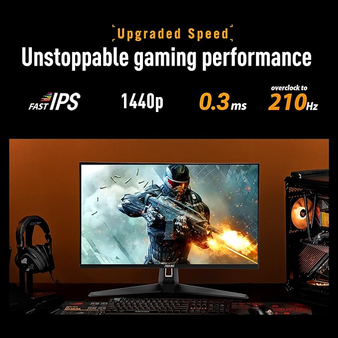 ASUS TUF Gaming 27” 1440P Monitor (VG27AQL5A) – QHD (2560 x 1440) 210Hz 0.3ms Fast IPS Extreme Low Motion Blur Sync Speakers DisplayWidget Center Gaming AI Height Adjustment 3 yr Warranty