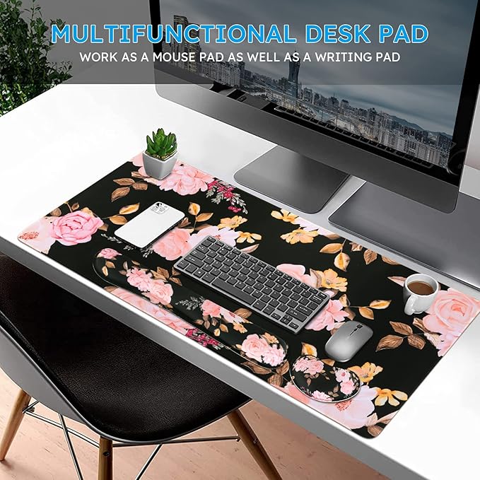 iCasso Keyboard Mouse Pad SetExtended Gaming Mouse Pad + Keyboard Wrist Rest Support Memory Foam Easy Typing Pain Relief 3Pcs (35.4×15.7 in) Large Ergonomic XXL Thick Mousepad Desk Mat