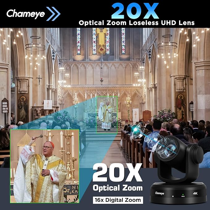 Chameye 4K PTZ Conference Camera AI Auto Tracking PTZ Camera 4K 20x Optical Zoom USB/HDMI/PoE for Church Video Conference &amp Meeting Room - Compatible with Vmix OBS Zoom CH420