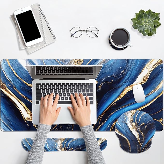 Britimes Blue and Gold Marble Keyboard Mouse Pad Set 4in1 Large Mousepad+Keyboard Wrist Rest+Mouse Wrist Rest+Coaster Set with Ergonomic Design for Home Office Computer 35.4x15.7 inches