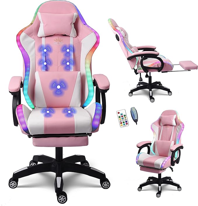 TBQATNTS Massage Gaming Chair with Speakers Reclining Computer Chair with Headrest and Lumbar SupportErgonomic Gaming Chair with Footrest and Led Lights Video Game Chair for Adults Kids.Pink