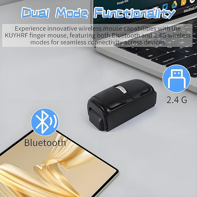Mini Bluetooth Wireless Mouse Dual-Mode Lazy Finger Ring Mouse - Rotatable Horizontal &amp Vertical Use Multi-System Compatible Ultra Long Battery Life for Laptops PCs and Tablets (Black)