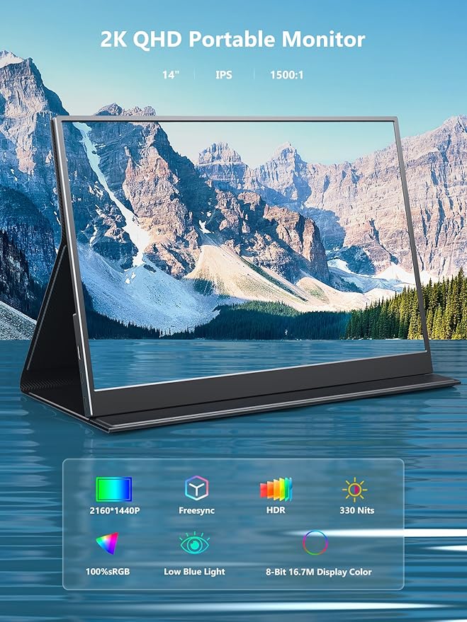 Portable Monitor 14 inch 3:2 QHD IPS Laptop Display Dual USB C HDMI Laptop Screen Extender 2160 * 1440P Gaming Display with 2 Speakers Travel Monitor for Laptop PS4/5 PC Phone Xbox Switch