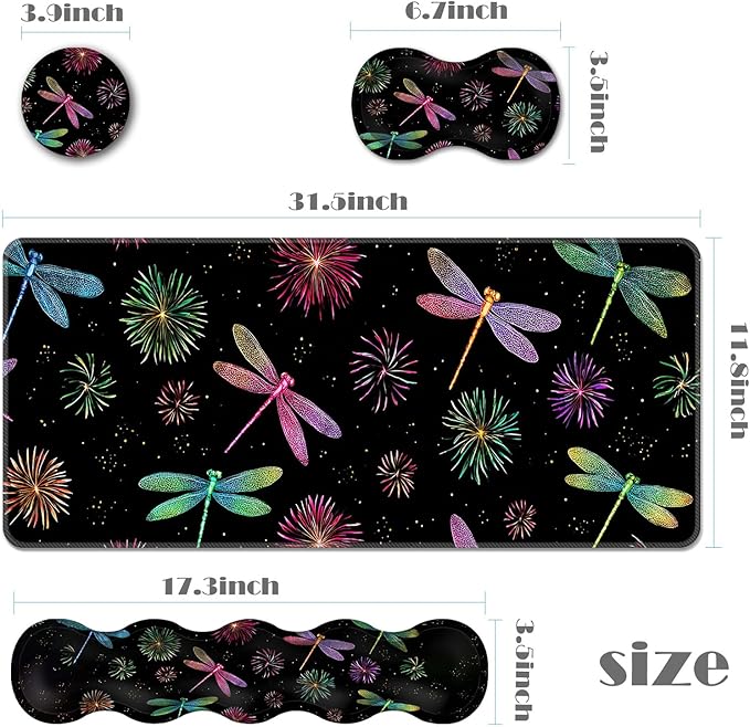 Ergonomic Keyboard Wrist Rest &amp Mouse Pad Wrist Rest SetXL Gaming Desk Mat 31.5x 11.8Non-Slip BaseMemory FoamEasy Typing Pain Relief for Office &amp HomeDragonflies and Fireworks