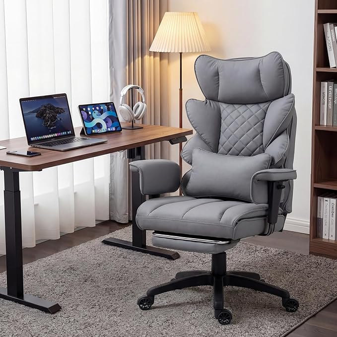 Dowinx Big and Tall Office Chair with Pocket Spring CushionHigh Back Computer Gaming Chairs with Adjustable Armrests and Lumbar SupportExecutive Desk Chairs with Footrest(PU LeatherGrey)