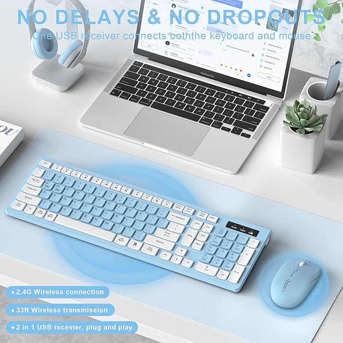 Wireless Keyboard and Mouse Combo Full-Sized Wireless Keyboard and Adjustable DPI Mouse 2.4GHz USB Receiver Keyboard and Mouse for PC Windows Desktop Laptop (Sky Blue-A)
