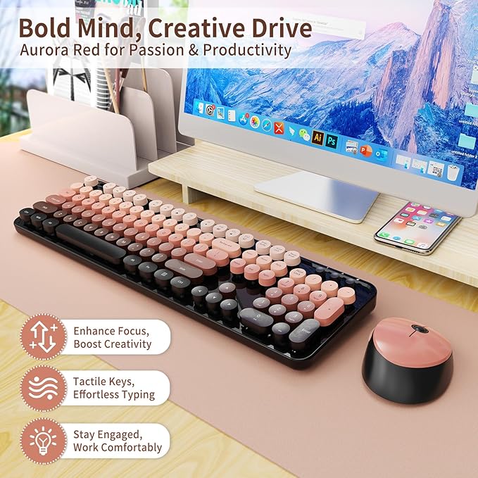 Wireless Keyboard and Mouse Combo Retro Typewriter Keyboard with Round Keycaps Full-Size Ergonomic Aurora Red Ideal for Windows PC Home Office and College