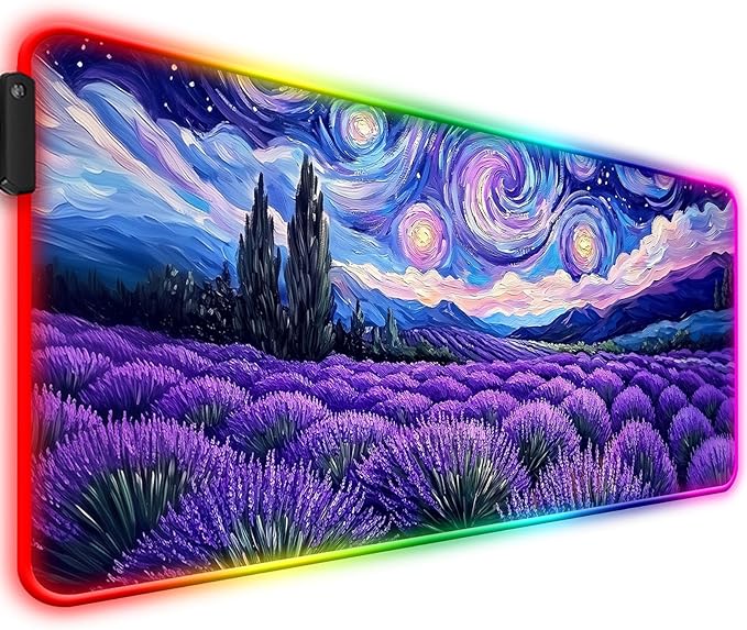 RGB Fantasy Starry Night Lavender Field Gaming Desk Mat Computer Keyboard Large Extended Long Floral LED Mouse Pad for Office and Home XL (W27)