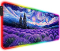 RGB Fantasy Starry Night Lavender Field Gaming Desk Mat Computer Keyboard Large Extended Long Floral LED Mouse Pad for Office and Home XL (W27)