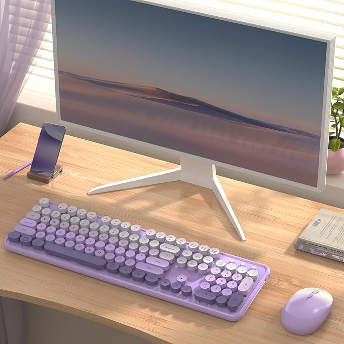 Colorful Wireless Keyboard and Mouse Combo COVEVA 2.4GHz Wireless Retro Cute Round Keycaps Keyboard 104 Keys Full-Sized Keyboard Mouse Set with Switch Button for PC Laptop Desktop (Purple Gradient)