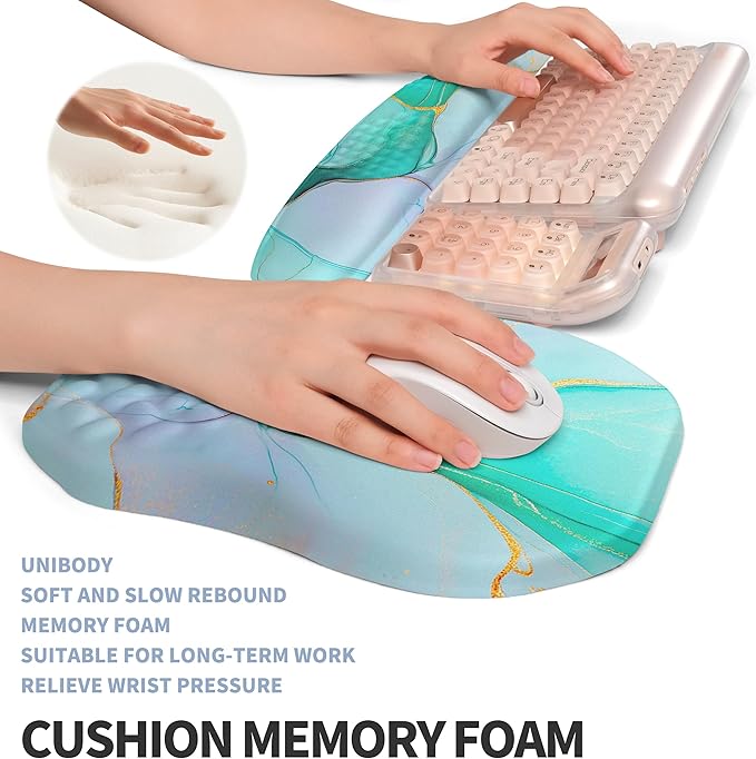 2-in-1 Ergonomic Set Wave Keyboard Wrist Rest and Massage Slope Mouse Pad Wrist Support Rebound Memory Foam for Relieve Carpal Tunnel Syndrome and Wrist Pain (Green Gold Marble)