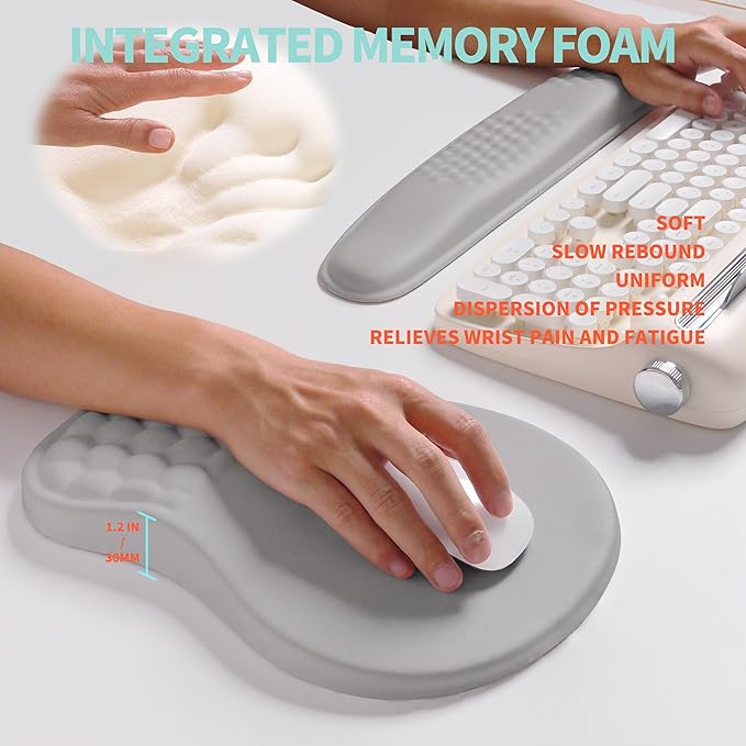 2-in-1 Ergonomic Set Wave Rise Keyboard Wrist Rest and Massage Bulge Slope Mouse Pad Wrist Support Cushion Memory Foam Integrated to Relieve Wrist Pain Silver Gray