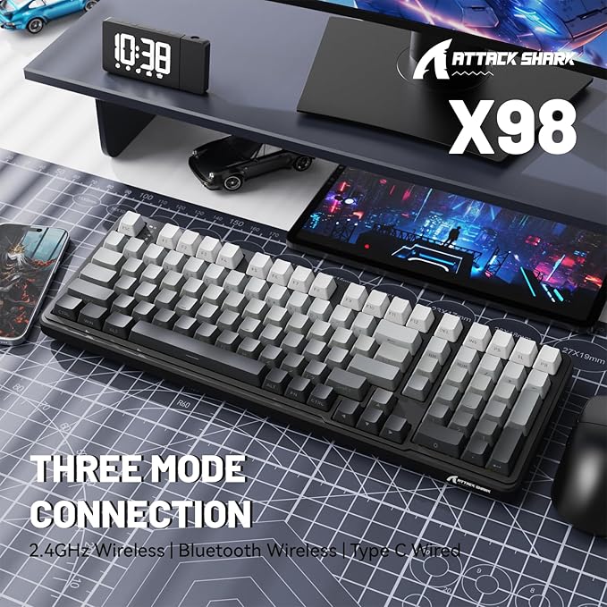 ATTACK SHARK X98 Wireless Mechanical Keyboard with NumpadGasket Mount Hot-Swap Pre-lubed Linear SwitchBT 5.0/2.4G/WiredRGB Backlit Computer Gaming Keyboards for PC/Tablet/PS5/Xbox-Moonlight