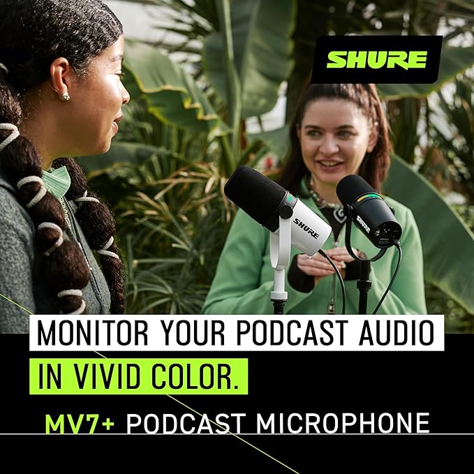 Shure MV7+ Podcast Dynamic Microphone with Stand – OBS Certified Enhanced Audio LED Panel USB-C &amp XLR Outputs Auto Level Mode Digital Pop Filter – for Podcasting Streaming and Recording Bl