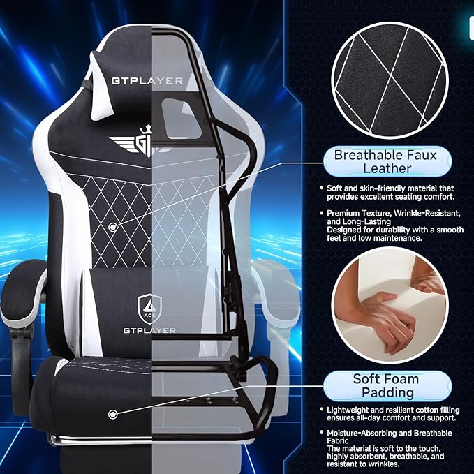 GTPLAYER Gaming Chair Video Game Chairs with Footrest and Lumbar Support Computer Chair for Adults with Extended Backrest Ergonomic Reclining Silla Gamer Fabric Black