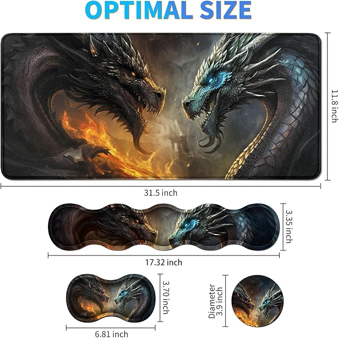 4Pcs Memory Foam Keyboard Mouse Wrist Rest Pad + Gaming Desk Mat 31.5 * 11.8 with Stitched Edges + Mouse Wrist Cushion + Coasters Non-Slip Desk Pad Protector for Laptop Desktop Flame Dragon