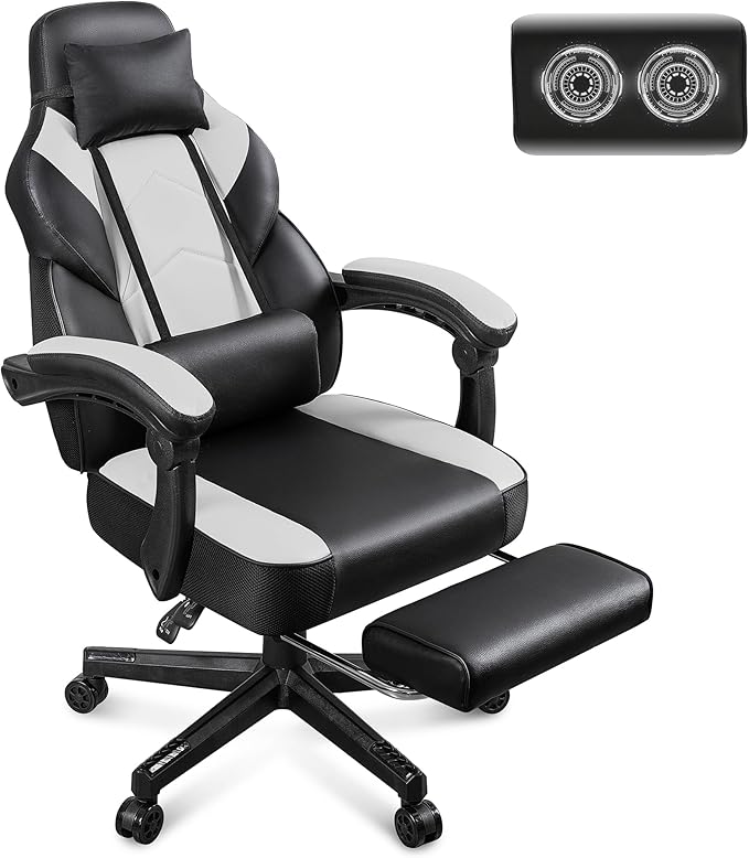 Gaming Chair for Adults Gaming Chairs with Footrest Ergonomic Video Game Chair with Massage Lumbar Big and Tall Computer Chair Height Adjustable with Headrest and 360° Swivel Seat White