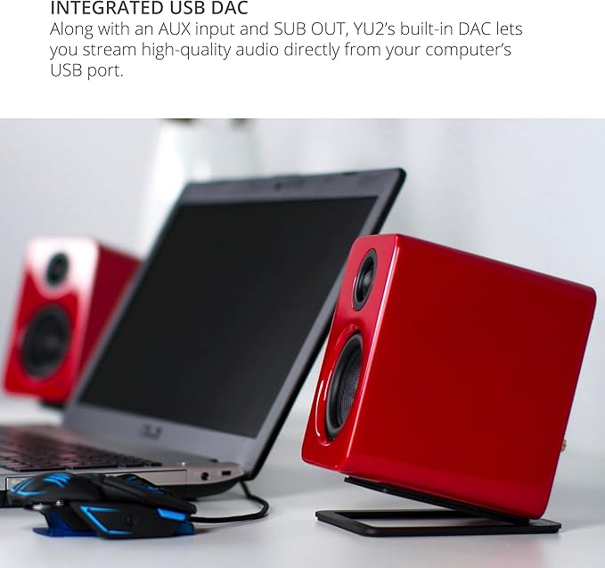 Kanto YU2GR PC Gaming Desktop Speakers | 3 Composite Drivers | 3/4 Silk Dome Tweeter | Class D Amplifier | 100 Watts | Built-in USB DAC | Subwoofer Output | Pair | Gloss Red