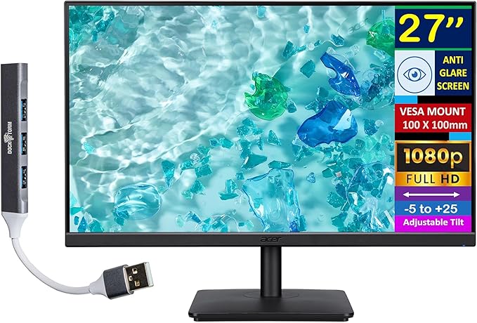 acer 27 FHD IPS Monitor with 4ms Response Time Anti Glare VESA Mount (100mm) VGA HDMI &amp DKZ USB Port Expander Black Color