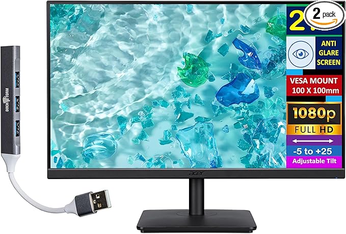 acer Vero V7 V277 Gbmipx 27 FHD IPS Monitor with 4ms Response Time Anti Glare VESA Mount (100mm) VGA HDMI &amp Dockztorm HUB Black Color (UM.HV7AA.G07) 2 Pack