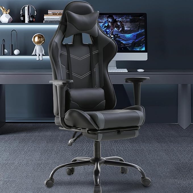 Gaming Chair High Back PU Leather Gaming Chairs Computer Chair with Headrest &amp Lumbar Support Height Adjustable Wide Seat Gamer Chair Gaming Chairs for Adults Game Chair with Footrest &amp Arm