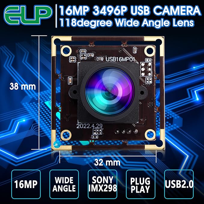 ELP 16MP Wide Angle USB Camera Module for Raspberry Pi and Computer 4K Mini UVC USB2.0 Video Webcam Board with 118degree No Distortion Lens IMX298 Industrial PC Lightburn Camera for LaptopJetson Nano