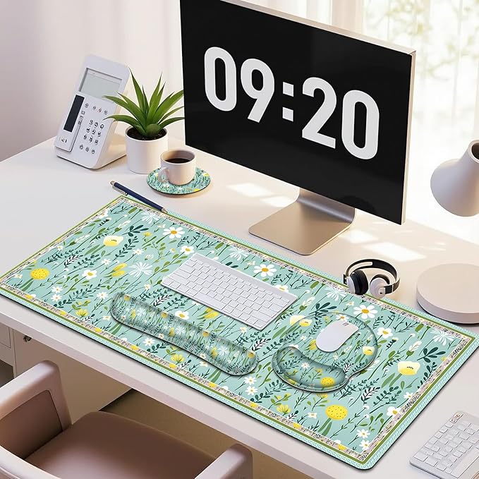 Floral Desk Mat 4in1 Large Mouse Pad with Wrist Rest Desk Matt for Desktop Desk Pad Mat Anti-Slip XXL Computer Ergonomic Mousepad with Wrist Support for Keyboard and Mouse I Green Elegant Flowers