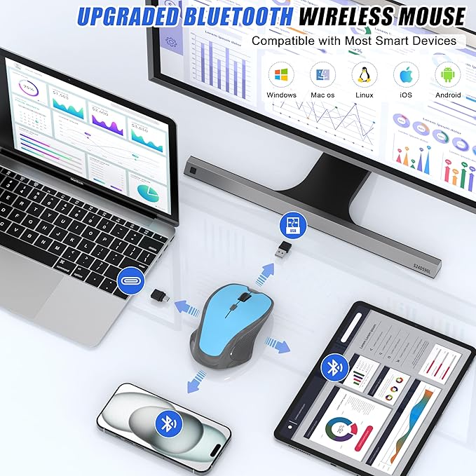 Wireless Bluetooth Mouse for iPad Pro MacBook Ergonomic Rechargeable Mice with Jiggler Mode 2-Mode Bluetooth 5.2/3.0 &amp 2.4G USB-A/USB-C Receiver Silent Optical Mouse for Mac PC Laptop Blue
