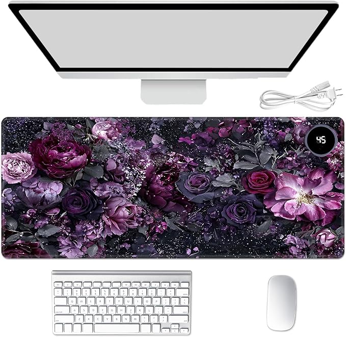 Heated Mouse Pad Hand Warmer Warm Desk Pad Mousepad Desk Mat with 3 Levels Heating and Auto Shut Down 31.5 x 13 inch PU Leather Warmer Keyboard Mat for Gaming Laptop Office Home Purple Flower