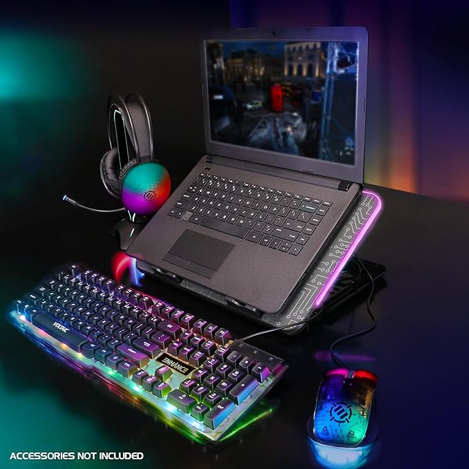 ENHANCE Gaming Voltaic 2 Laptop Cooling Stand - Laptop Cooling Pad with 6 Blue LED Fans 7 Height Settings RGB Lighting - Metal Top Cooler Pad with Phone Stand 2 USB Ports for up to 17 inches